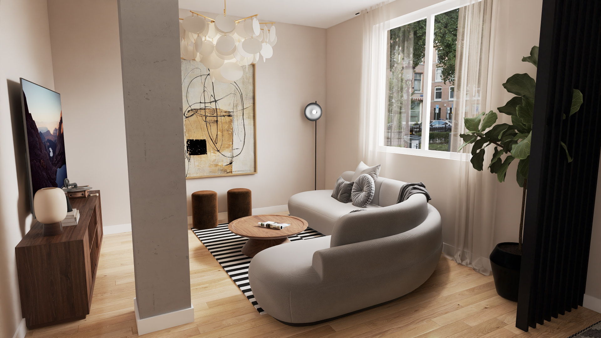Render 3D de salón con sofá curvo, lámpara de discos blancos y cuadro abstracto