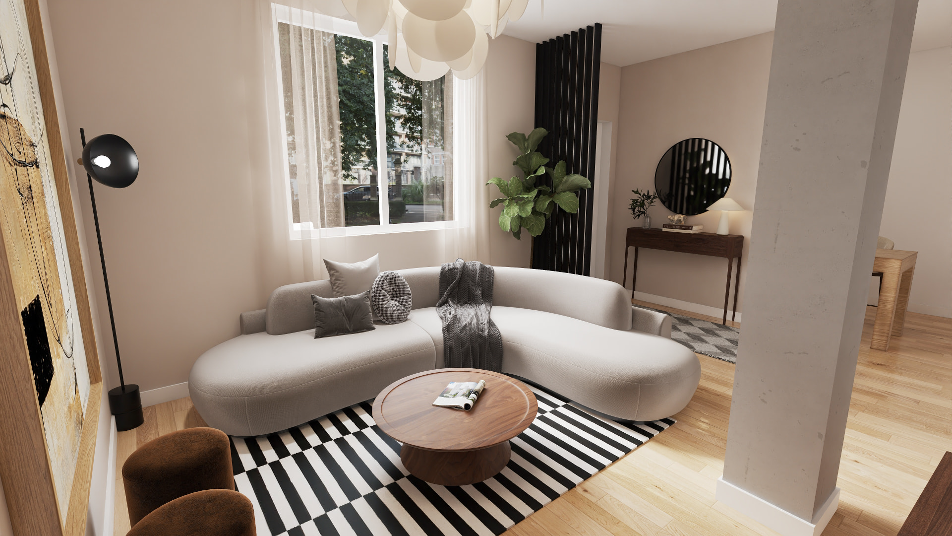 Render 3D de salón en Santa Úrsula con sofá curvo, alfombra de rayas y mesa de nogal