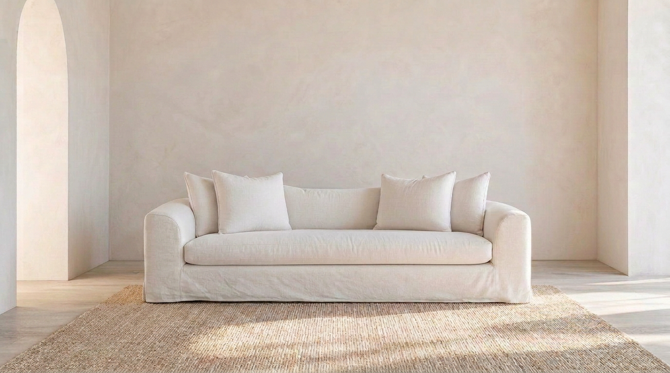 Sofá de lino blanco con cojines a juego en un salón minimalista de paredes claras, interiorismo de Coconut Interior Design en Tenerife